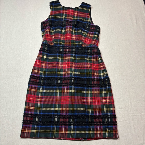 J Crew Sheath Dress in Lurex® Stewart Tartan Women’s Size 6 Plaid Dress Fringe - Picture 1 of 8